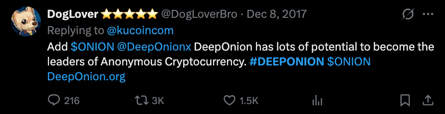 Tweet calling $ONION a leader of anonymous cryptocurrency