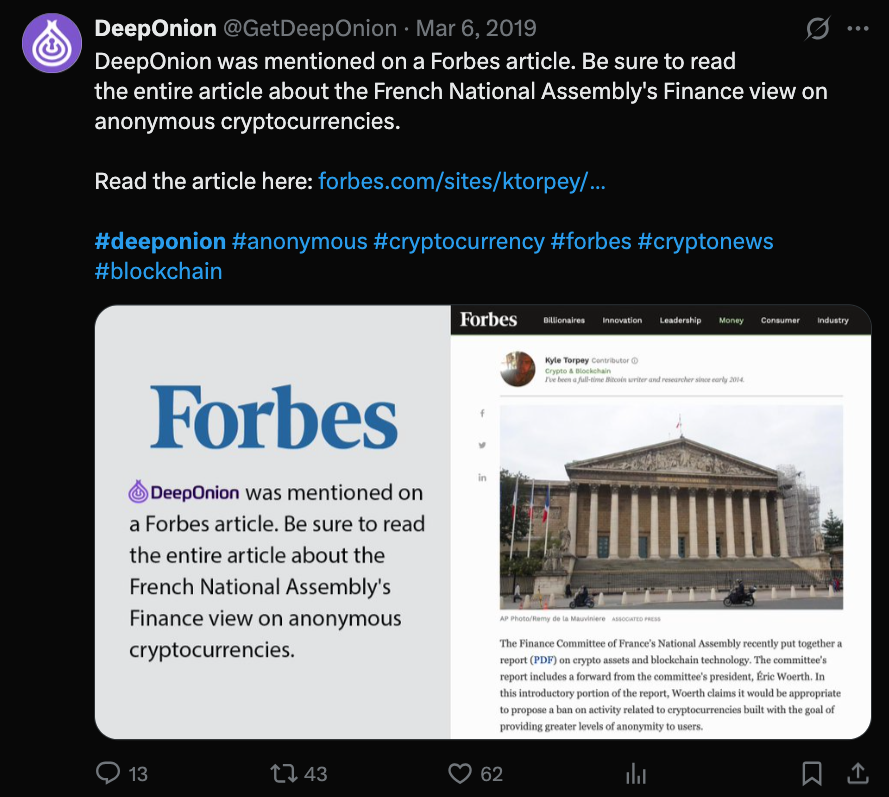 DeepOnion featured in a Forbes article about anonymous cryptocurrencies