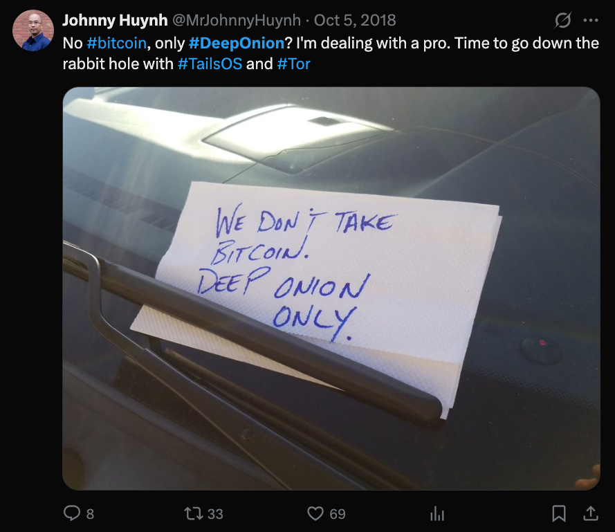 Handwritten note reading: We do not take Bitcoin. DeepOnion only.